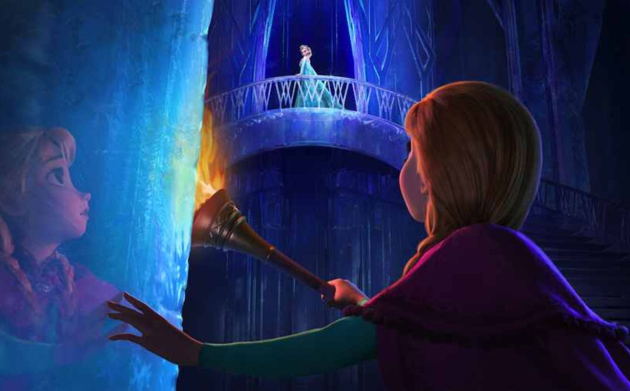 A scene from the movie Frozen- where Anna searches for Elsa inside a snow castle.