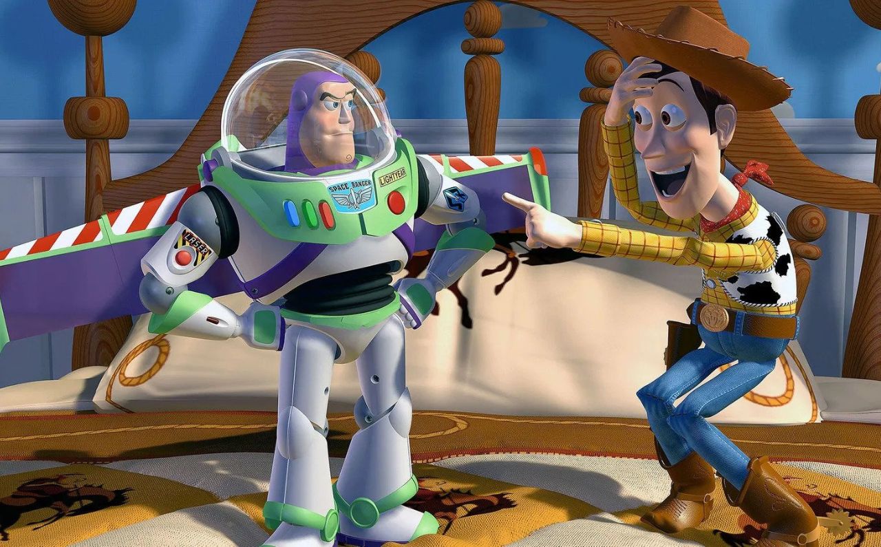 A scene from the movie, Toy Story where the two main characters- Woody and Buzz are having an argument. 