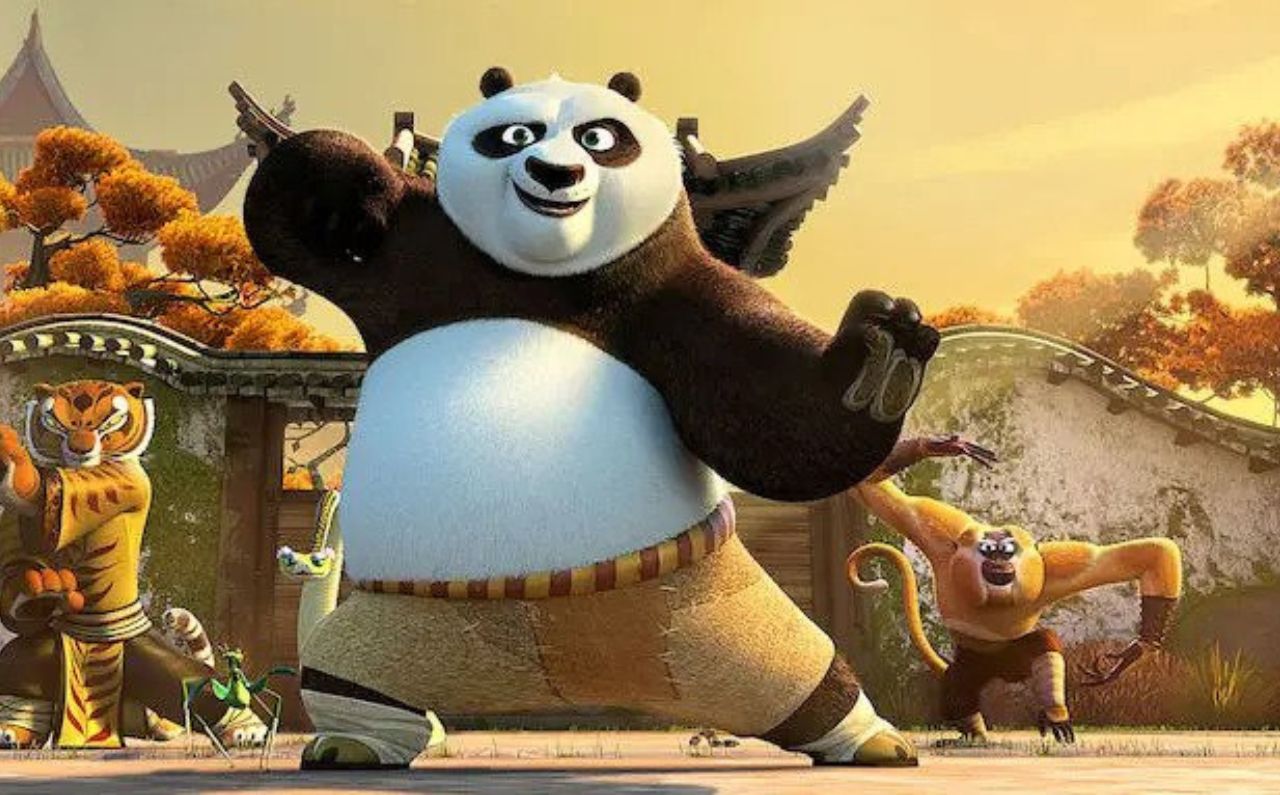 A scene from the movie Kung Fu Panda, where Po is performing a kick pose.